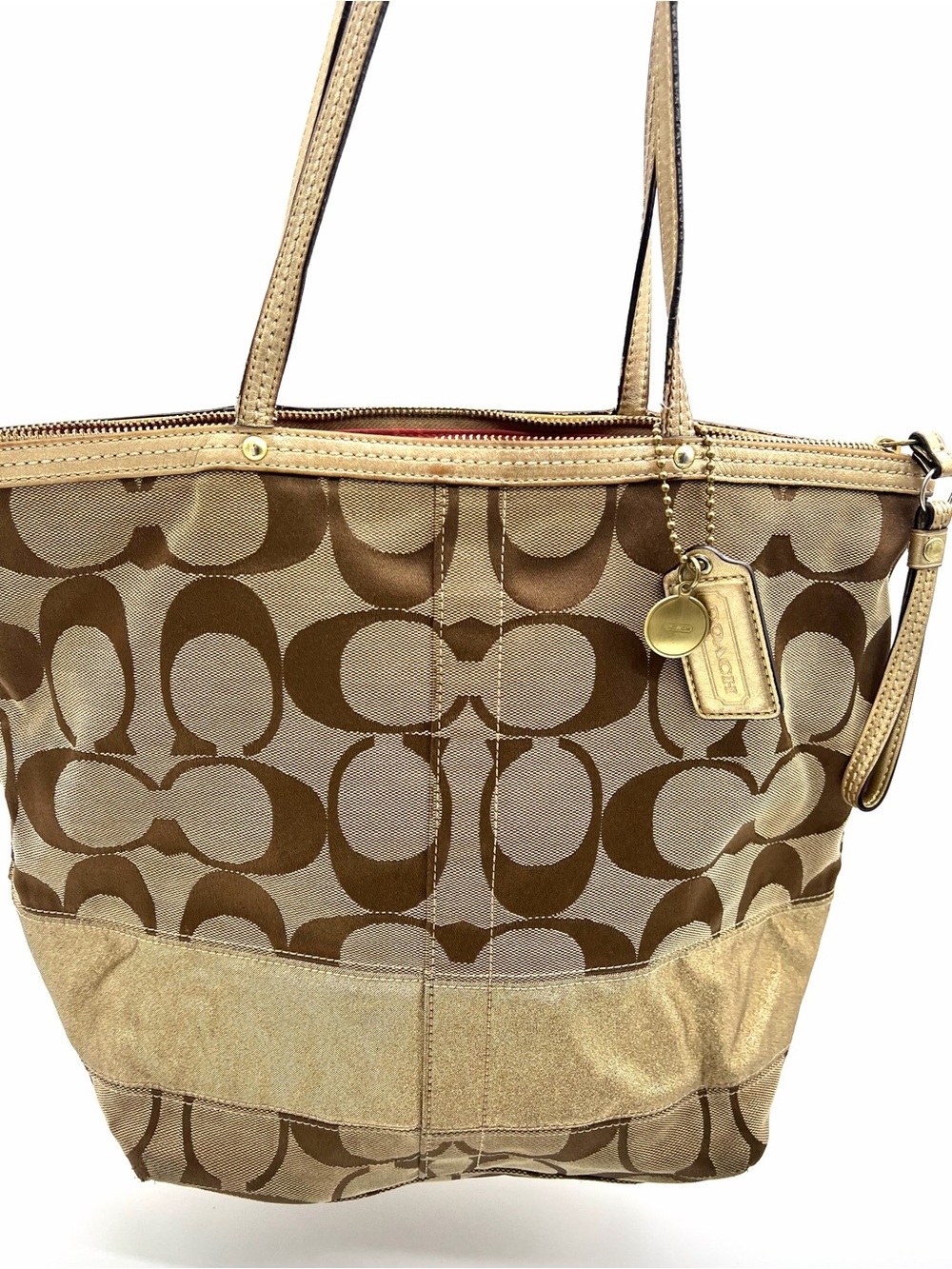 Coach Signature Gallery Tote Brown Gold Jacquard Shimmer Trim Bag 12978